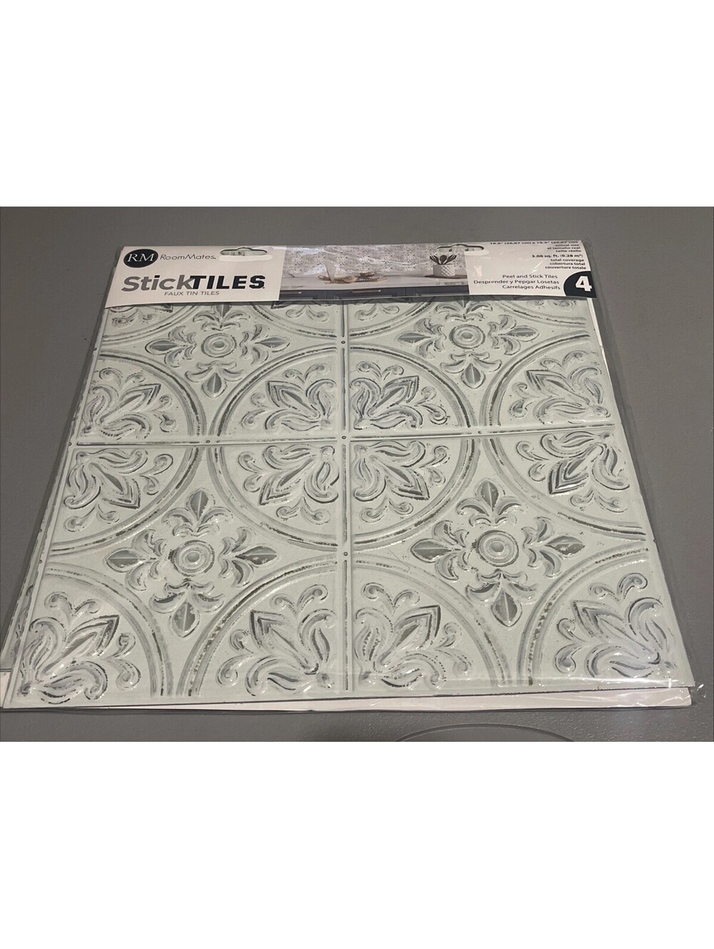 RoomMates TIL4623FLT StickTiles White Tin Peel and Stick One Pack 4 Tile